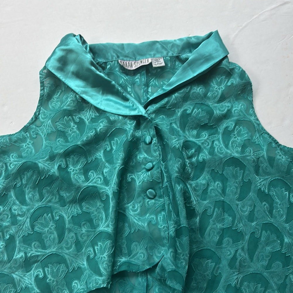 Vintage 90’s Collared Preppy Silky Teal Sleeveless Cropped Top Shirt Large Swing - Picture 7 of 17
